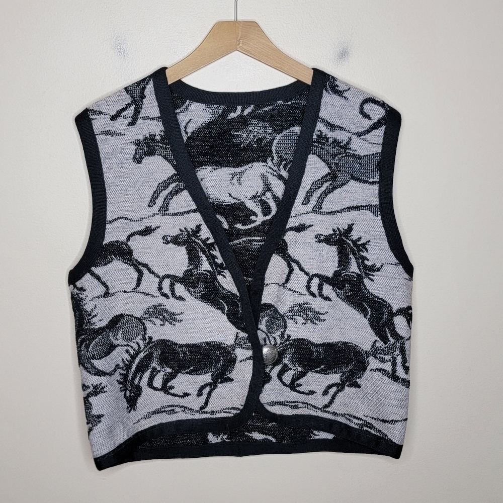 Vintage 1995 Joyce Onarheim Boe Black & White Horse Tapestry Reversible Vest